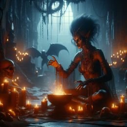 Female vampire sitting by a fire bowl