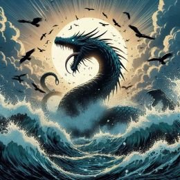 A sea serpent emerging from rough waves with the sun behind it