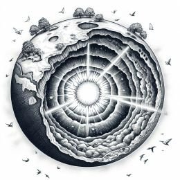 A black and white illustration of a planet with multiple layers and a hot core