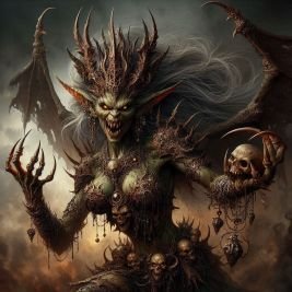 The Troublemaker with her demonic hobgoblin form holding a humanoid skull