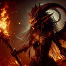 An evil deity known as The Troublemaker with wings in hobgoblin form wields a staff that is on fire