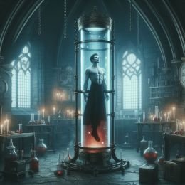 A vampire floating within a stasis chamber in a laboratory