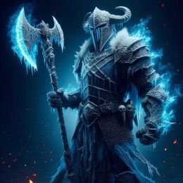 An ice elemental good deity known as The Winter King in cold iron armour wield a battle axe in one hand