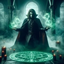 A vampire performing a ritual with teal arcane runes on the floor