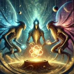 Three starborn deities gather around an atomic weave of fate and time represented by light.